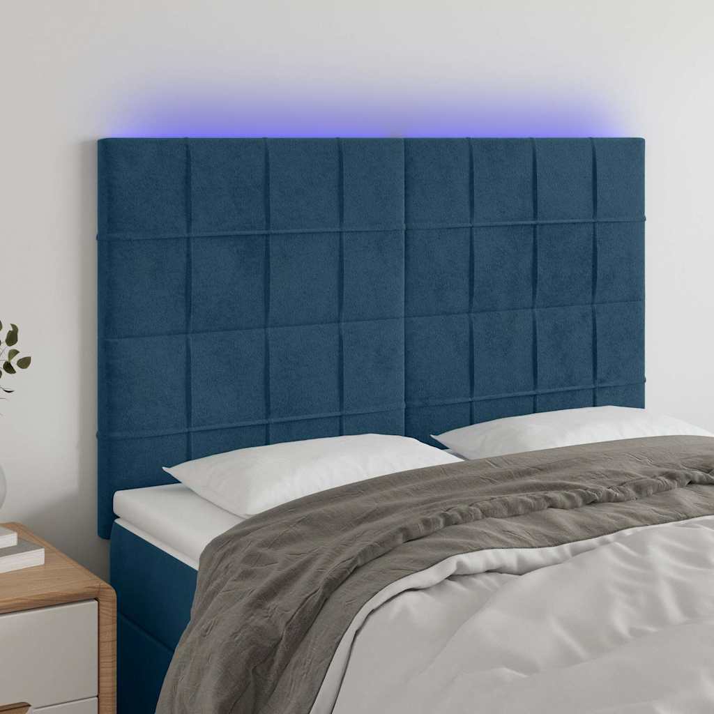 sengegavl med LED-lys 144x5x118/128 cm fløjl mørkeblå