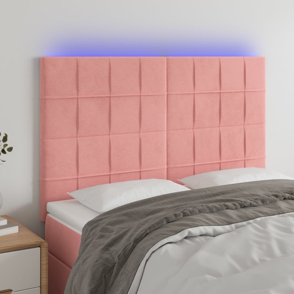 sengegavl med LED-lys 144x5x118/128 cm fløjl lyserød