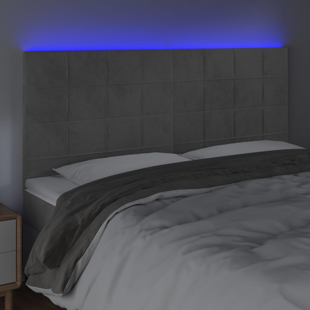 sengegavl med LED-lys 180x5x118/128 cm fløjl lysegrå