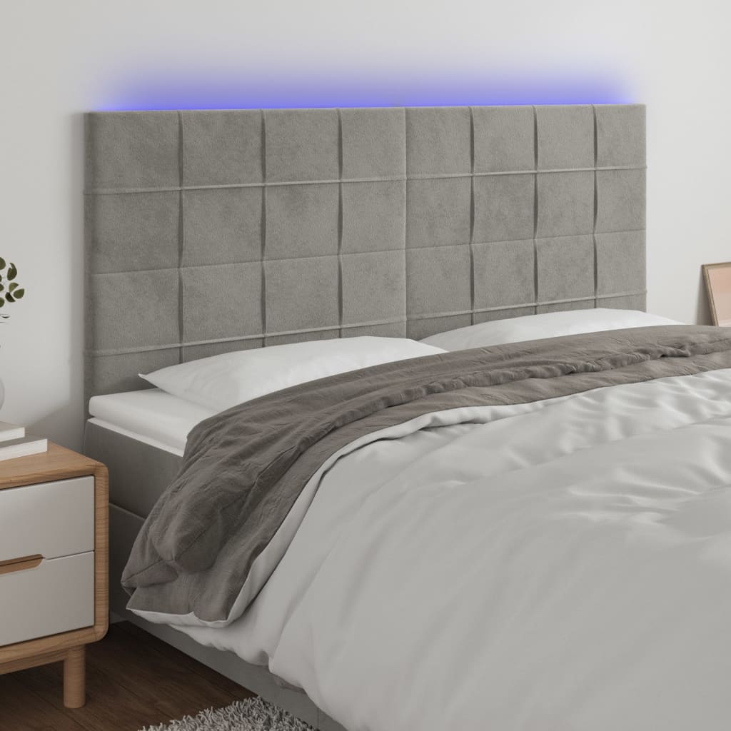 sengegavl med LED-lys 180x5x118/128 cm fløjl lysegrå
