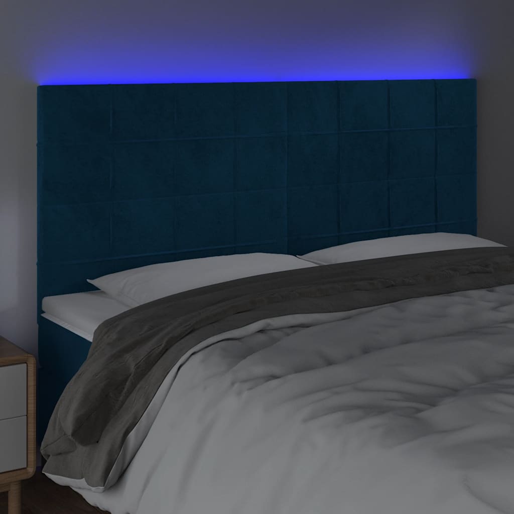 sengegavl med LED-lys 180x5x118/128 cm fløjl mørkeblå