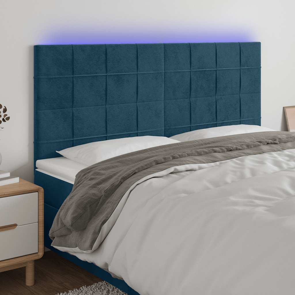 sengegavl med LED-lys 180x5x118/128 cm fløjl mørkeblå