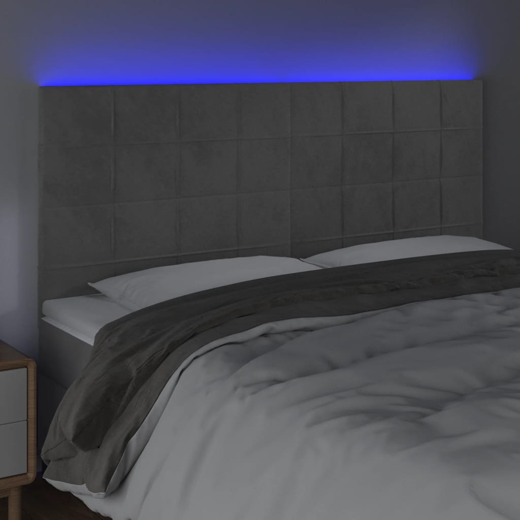sengegavl med LED-lys 200x5x118/128 cm fløjl lysegrå