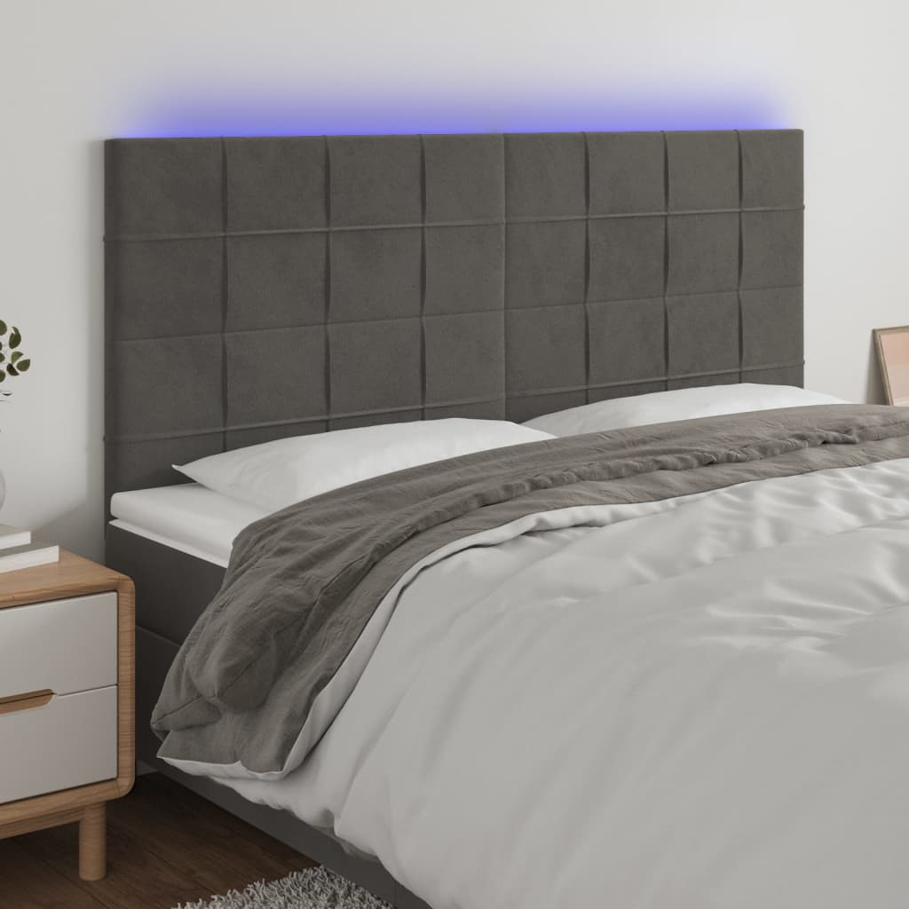 sengegavl med LED-lys 200x5x118/128 cm fløjl mørkegrå
