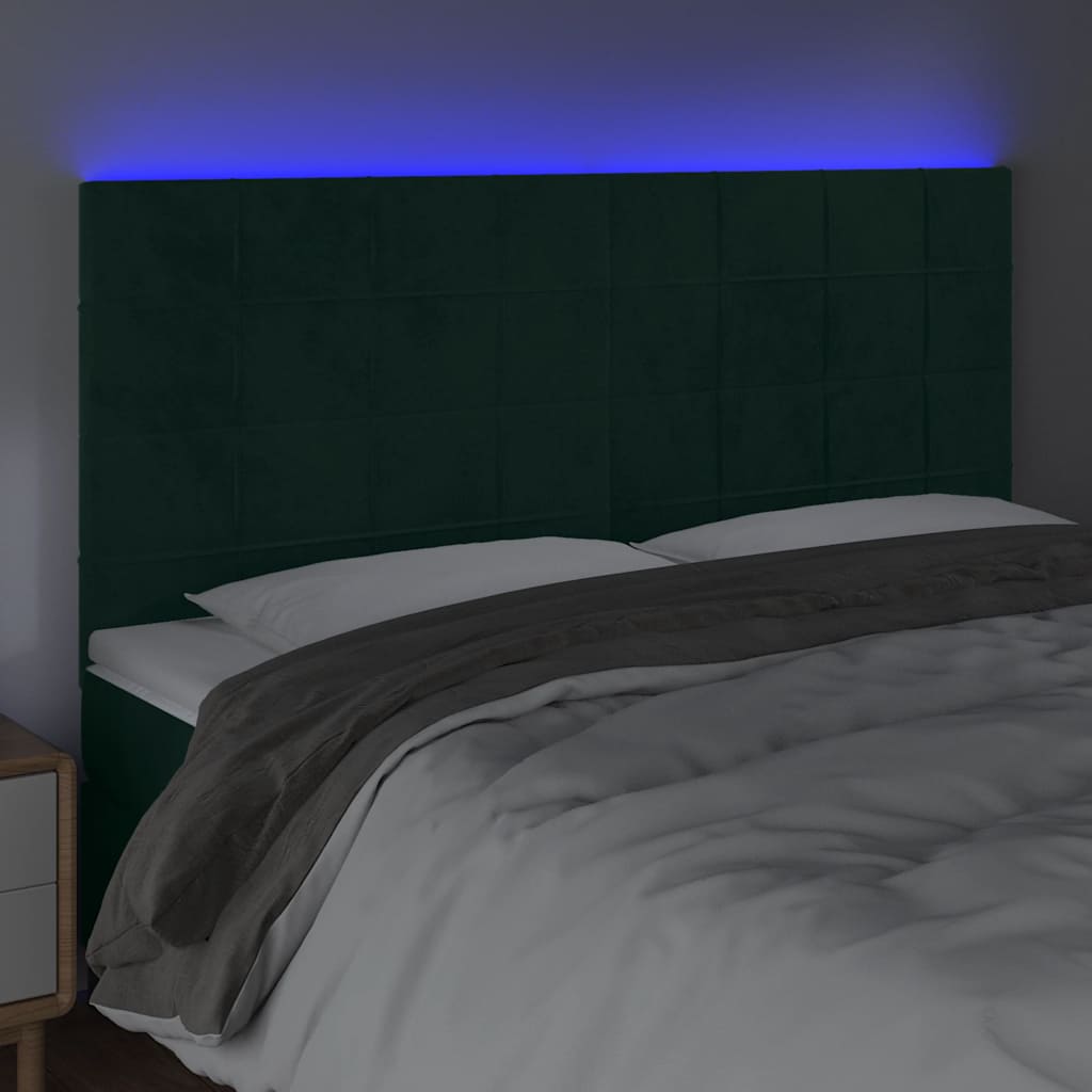 sengegavl med LED-lys 200x5x118/128 cm fløjl mørkegrøn