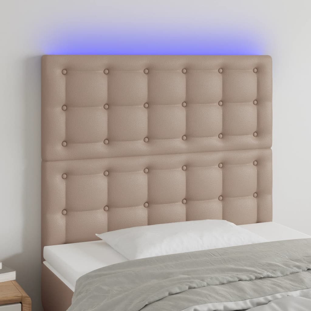 sengegavl med LED-lys 80x5x118/128 cm kunstlæder cappuccino