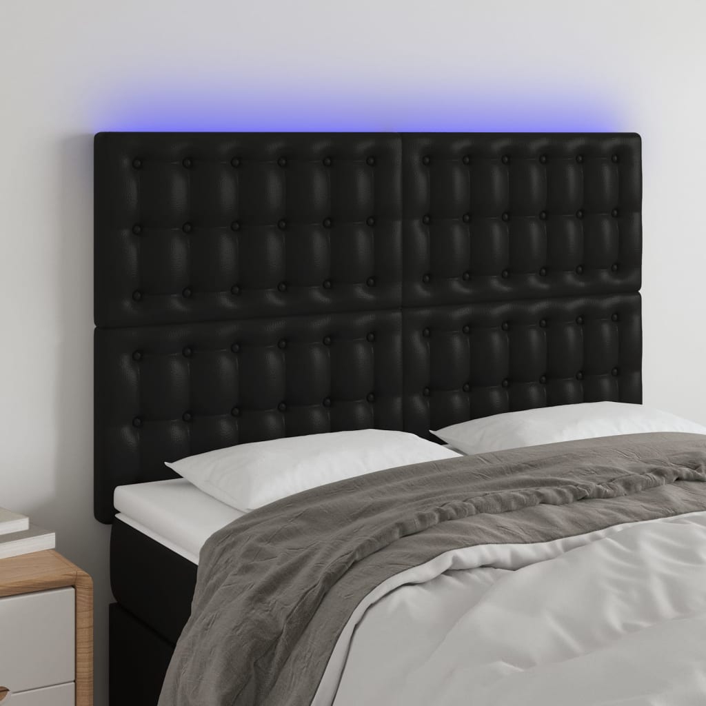 sengegavl med LED-lys 144x5x118/128 cm kunstlæder sort
