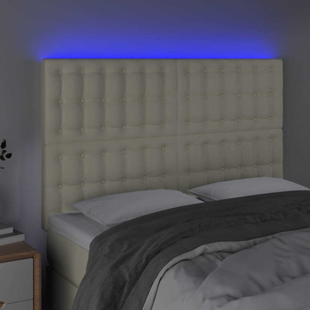sengegavl med LED-lys 144x5x118/128 cm kunstlæder cremefarvet