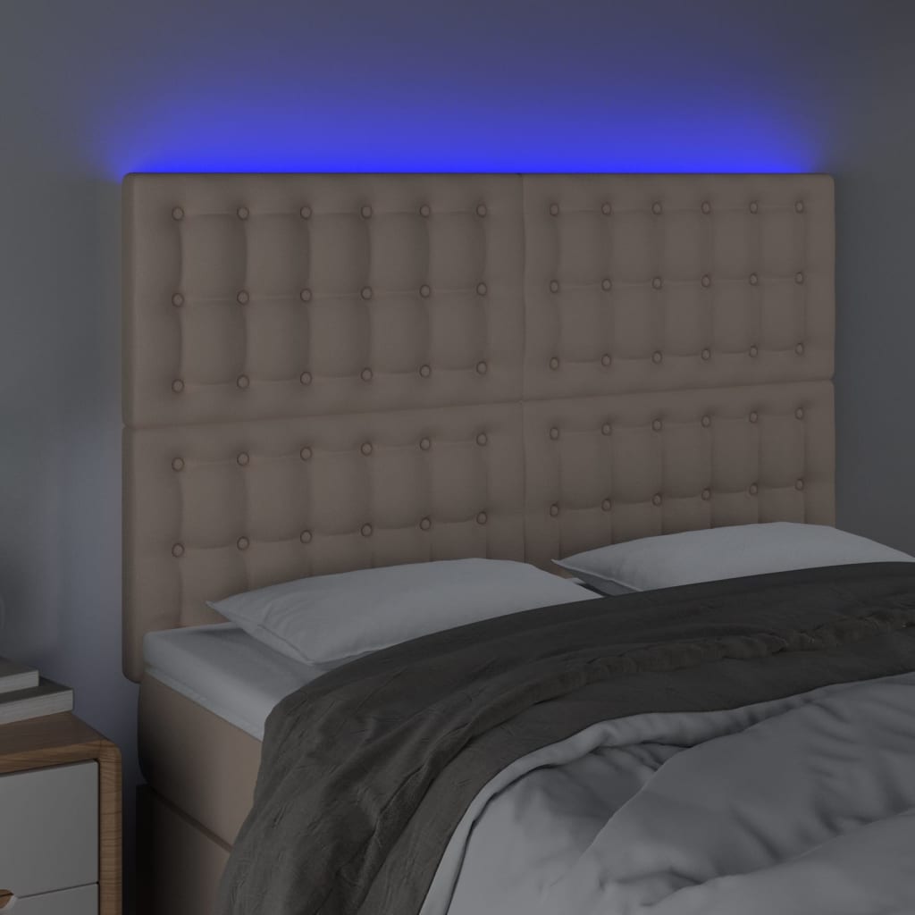 sengegavl med LED-lys 144x5x118/128 cm kunstlæder cappuccino