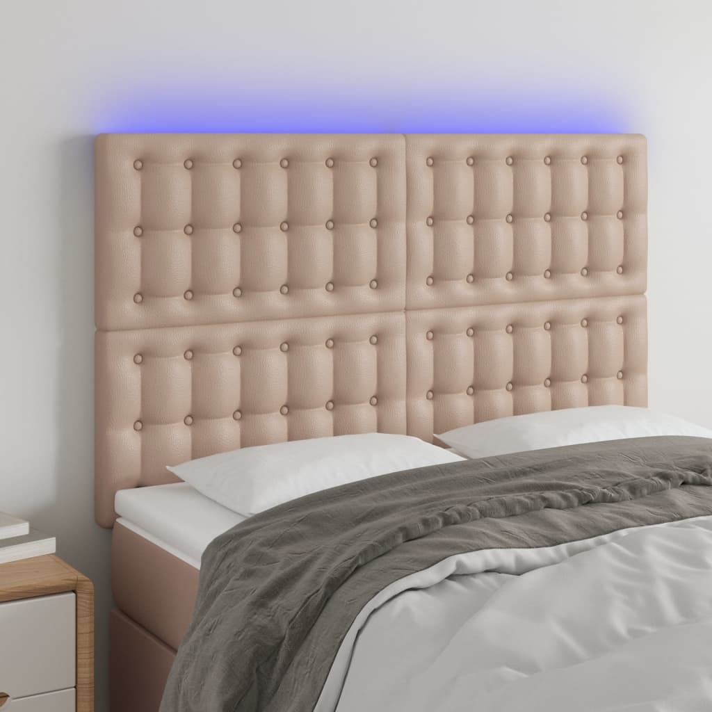 sengegavl med LED-lys 144x5x118/128 cm kunstlæder cappuccino
