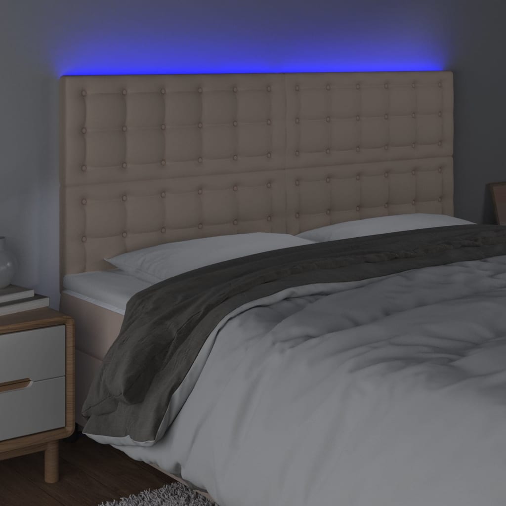 sengegavl med LED-lys 200x5x118/128 cm kunstlæder cappuccino