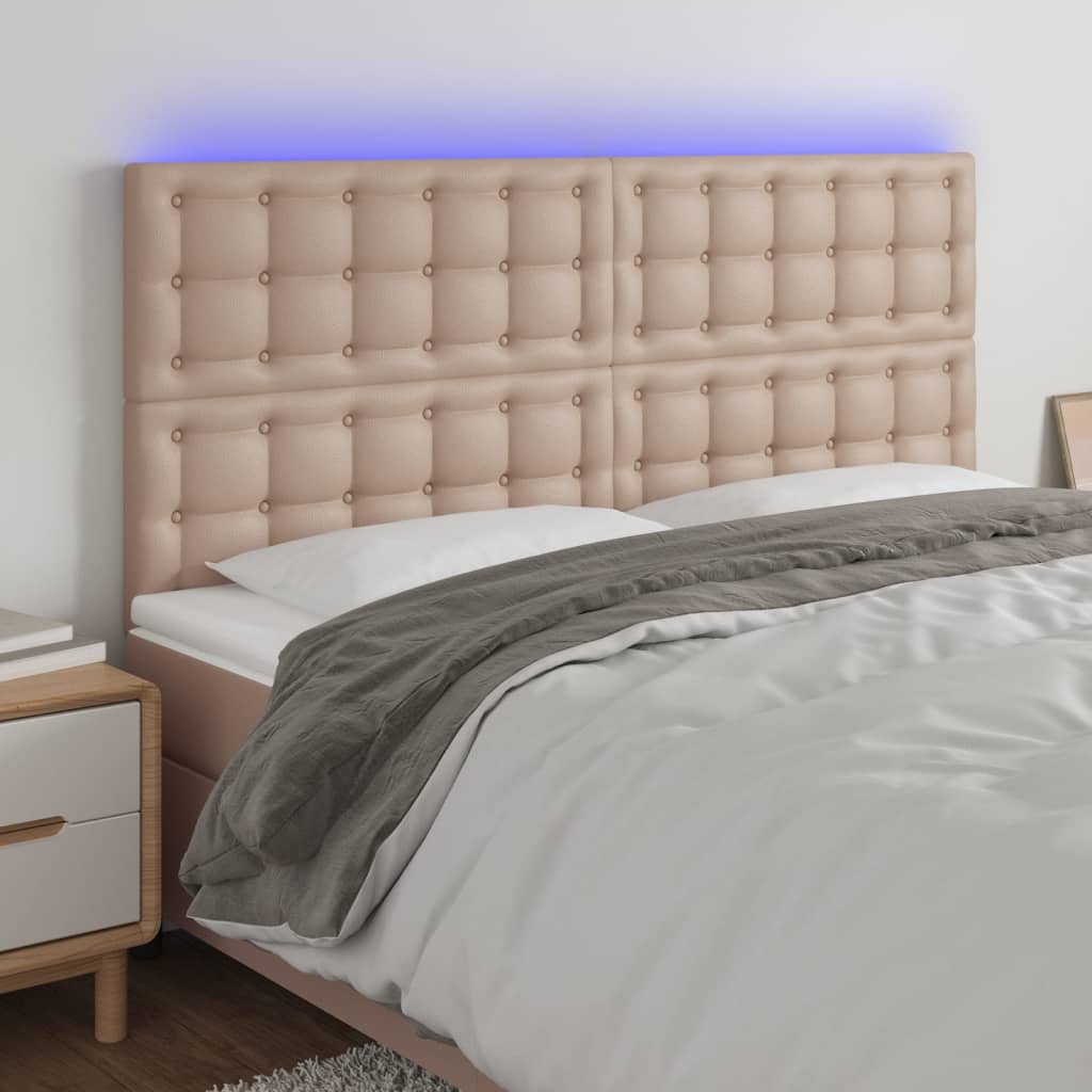 sengegavl med LED-lys 200x5x118/128 cm kunstlæder cappuccino