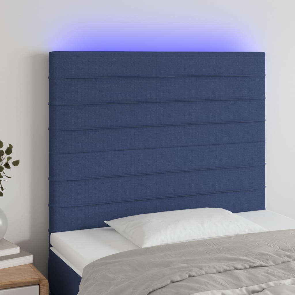 sengegavl med LED-lys 80x5x118/128 cm stof blå