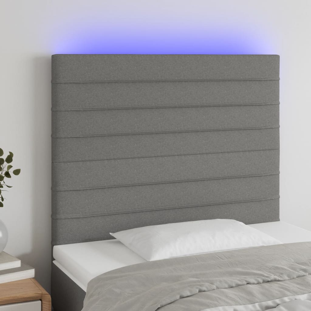 sengegavl med LED-lys 90x5x118/128 cm stof mørkegrå