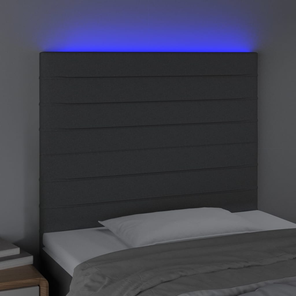 sengegavl med LED-lys 100x5x118/128 cm stof mørkegrå