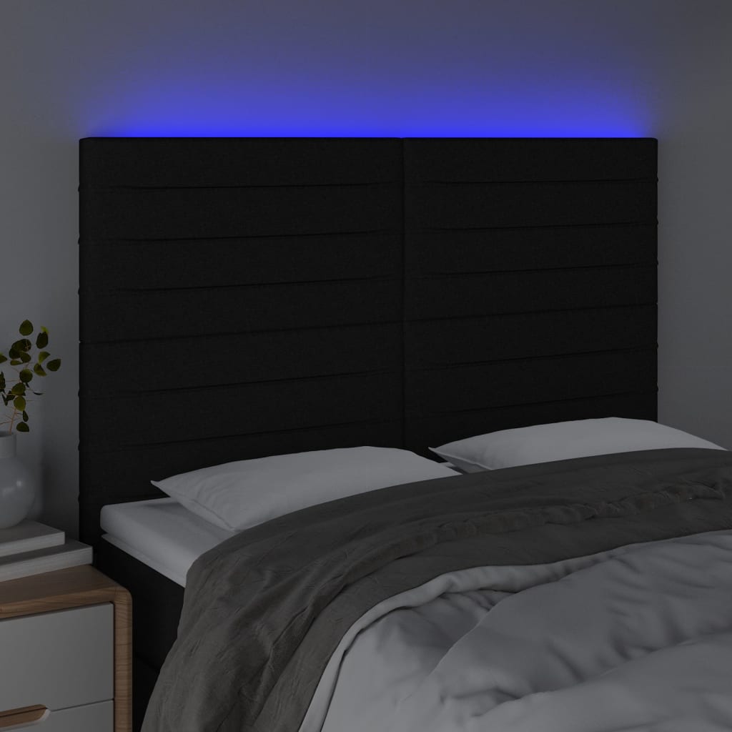sengegavl med LED-lys 144x5x118/128 cm stof sort