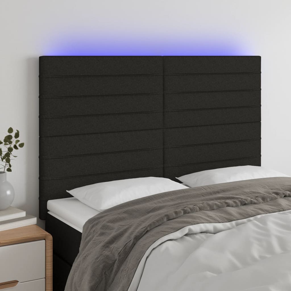 sengegavl med LED-lys 144x5x118/128 cm stof sort