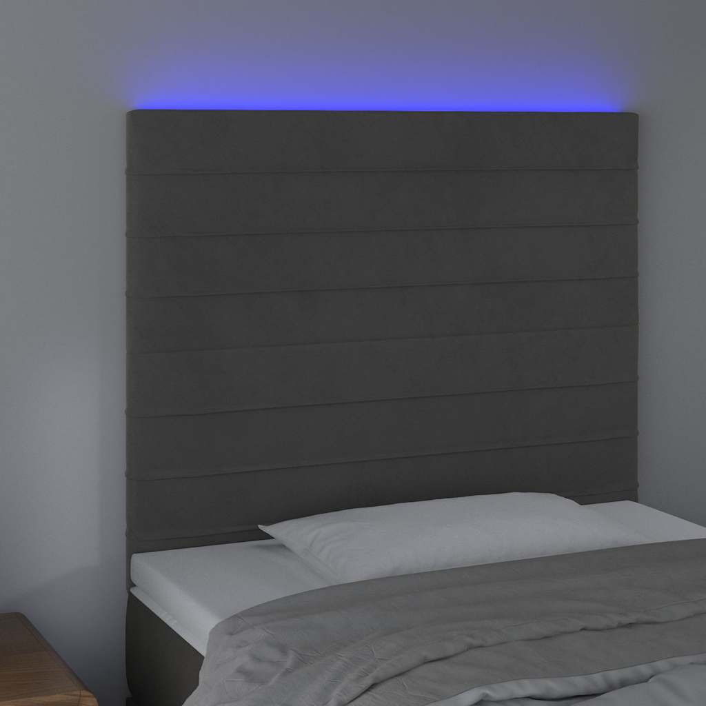 sengegavl med LED-lys 80x5x118/128 cm fløjl mørkegrå
