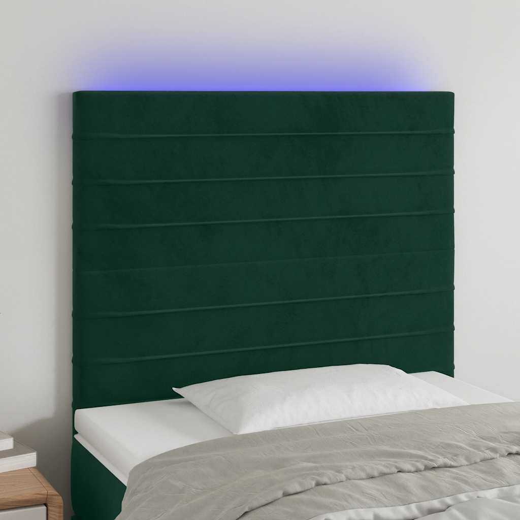 sengegavl med LED-lys 80x5x118/128 cm fløjl mørkegrøn