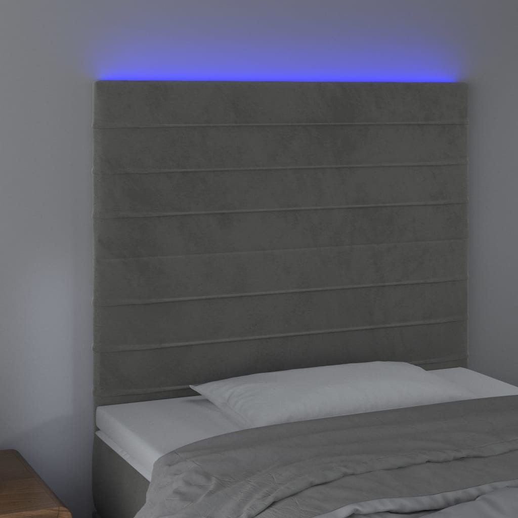 sengegavl med LED-lys 100x5x118/128 cm fløjl lysegrå