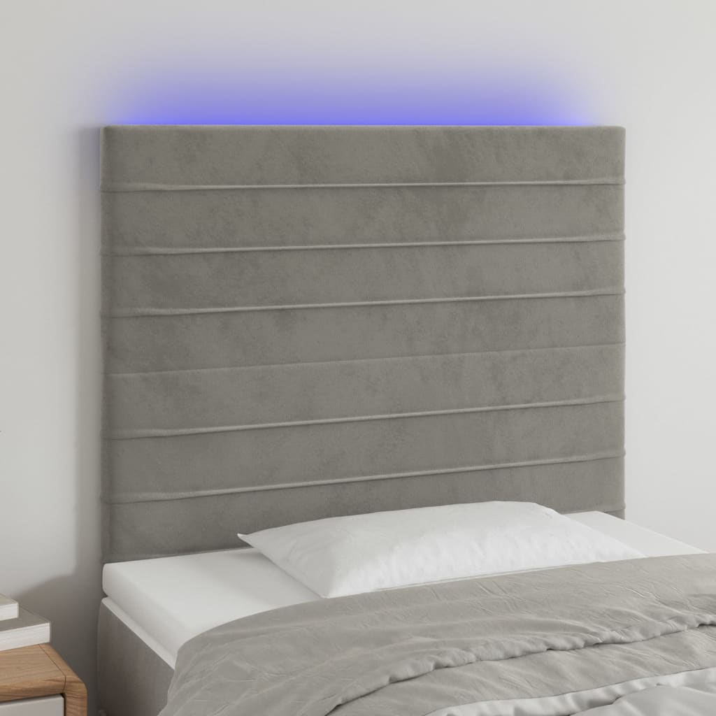 sengegavl med LED-lys 100x5x118/128 cm fløjl lysegrå