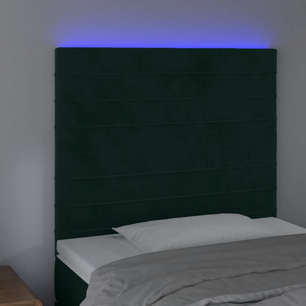 sengegavl med LED-lys 100x5x118/128 cm fløjl mørkegrøn