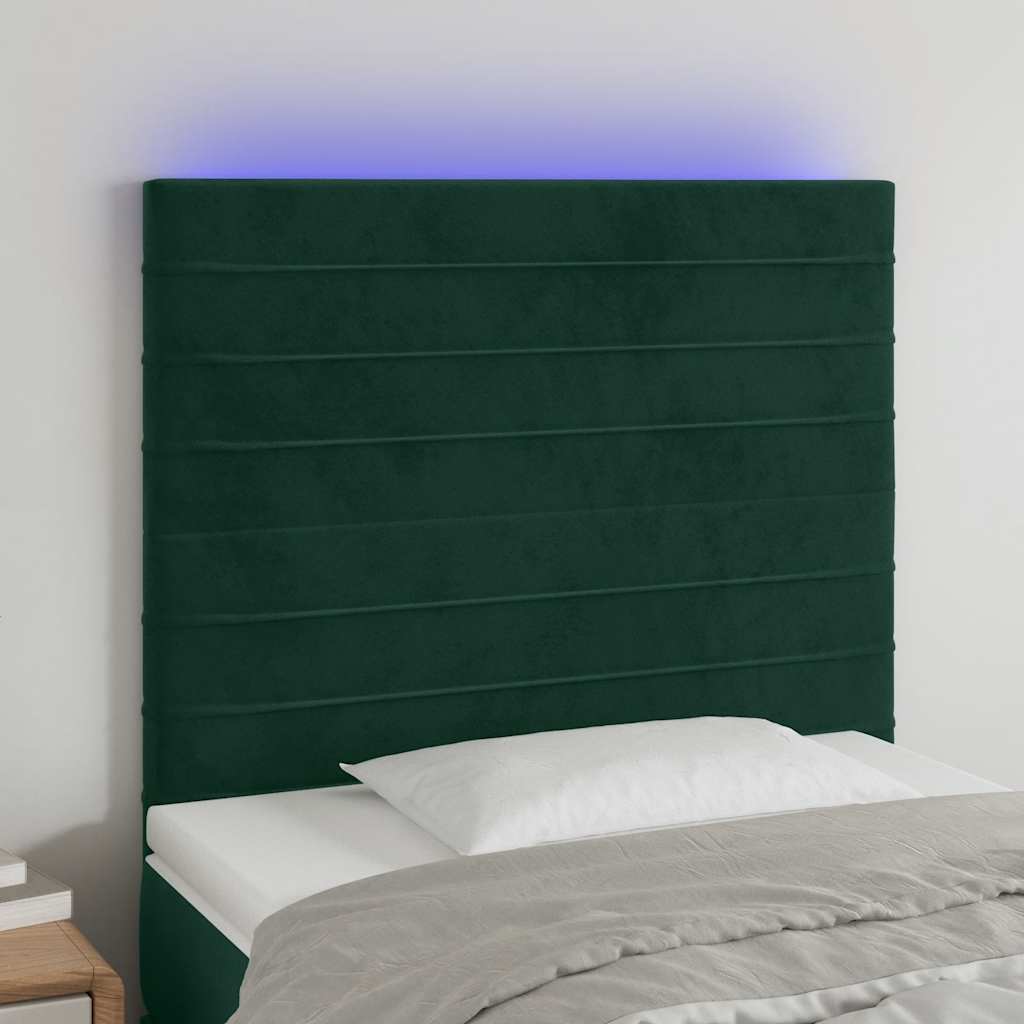 sengegavl med LED-lys 100x5x118/128 cm fløjl mørkegrøn