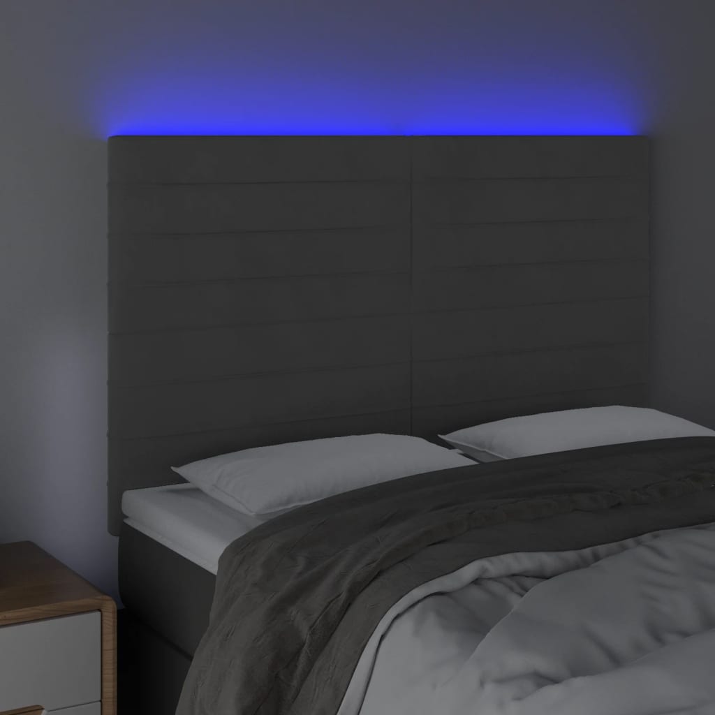 sengegavl med LED-lys 144x5x118/128 cm fløjl mørkegrå