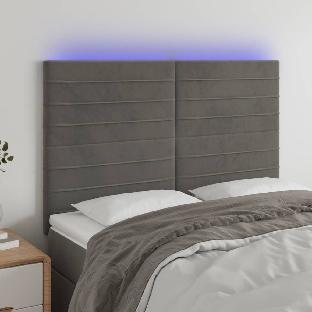 sengegavl med LED-lys 144x5x118/128 cm fløjl mørkegrå