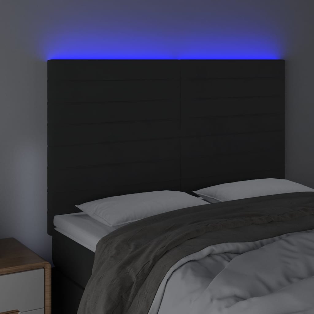 sengegavl med LED-lys 144x5x118/128 cm fløjl sort