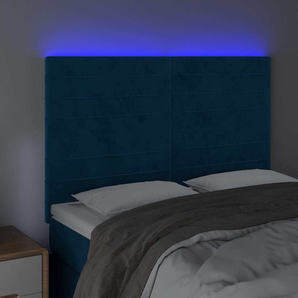 sengegavl med LED-lys 144x5x118/128 cm fløjl mørkeblå