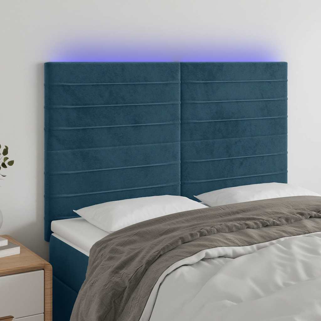sengegavl med LED-lys 144x5x118/128 cm fløjl mørkeblå