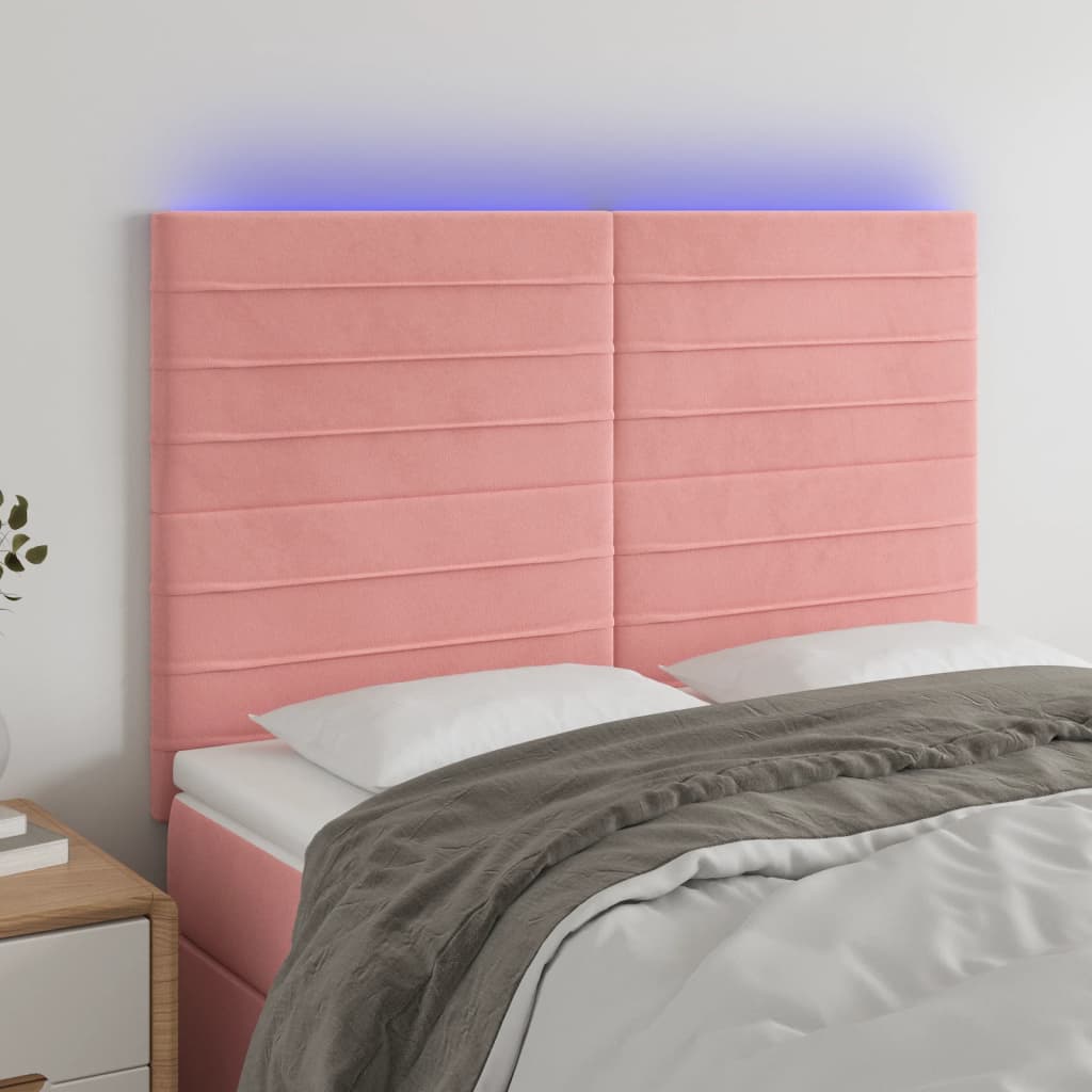sengegavl med LED-lys 144x5x118/128 cm fløjl lyserød
