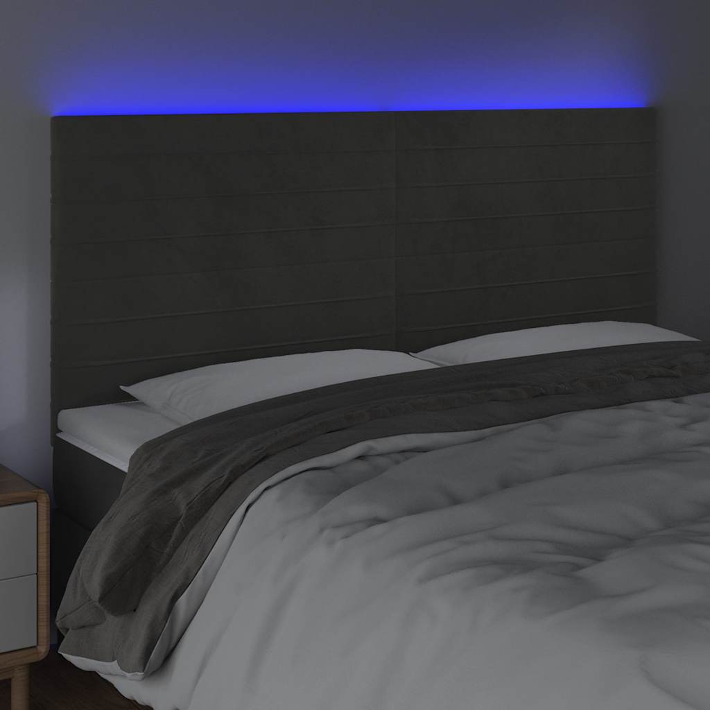 sengegavl med LED-lys 160x5x118/128 cm fløjl mørkegrå