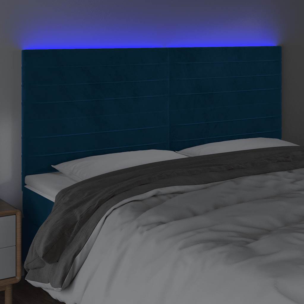 sengegavl med LED-lys 160x5x118/128 cm fløjl mørkeblå