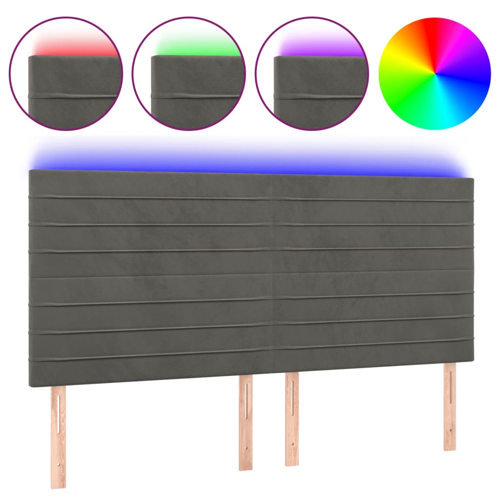 sengegavl med LED-lys 200x5x118/128 cm fløjl mørkegrå