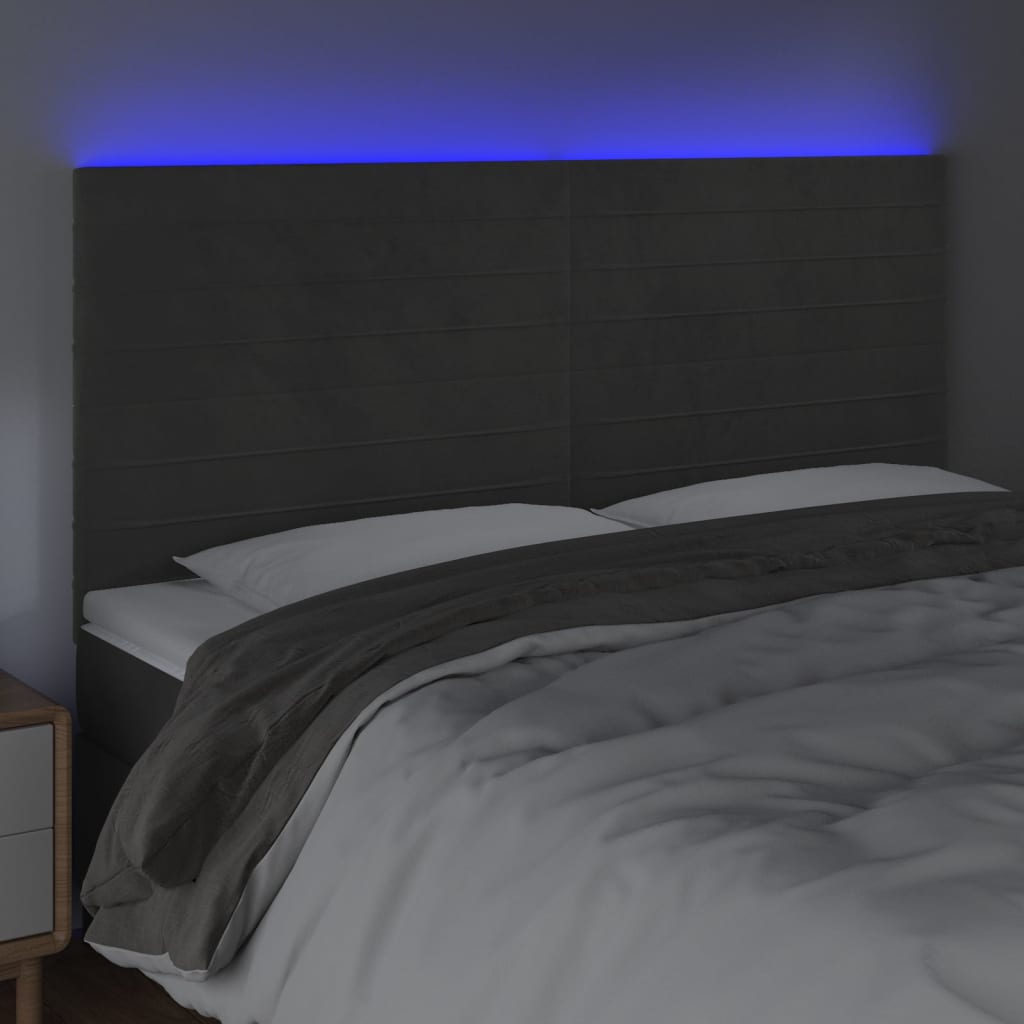 sengegavl med LED-lys 200x5x118/128 cm fløjl mørkegrå