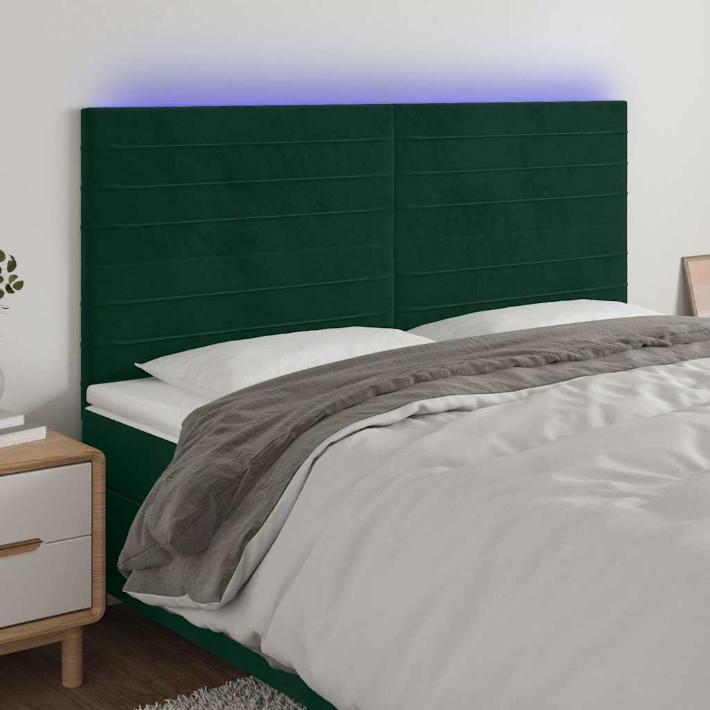 sengegavl med LED-lys 200x5x118/128 cm fløjl mørkegrøn