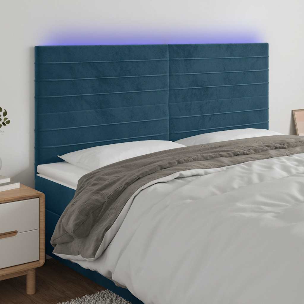 sengegavl med LED-lys 200x5x118/128 cm fløjl mørkeblå