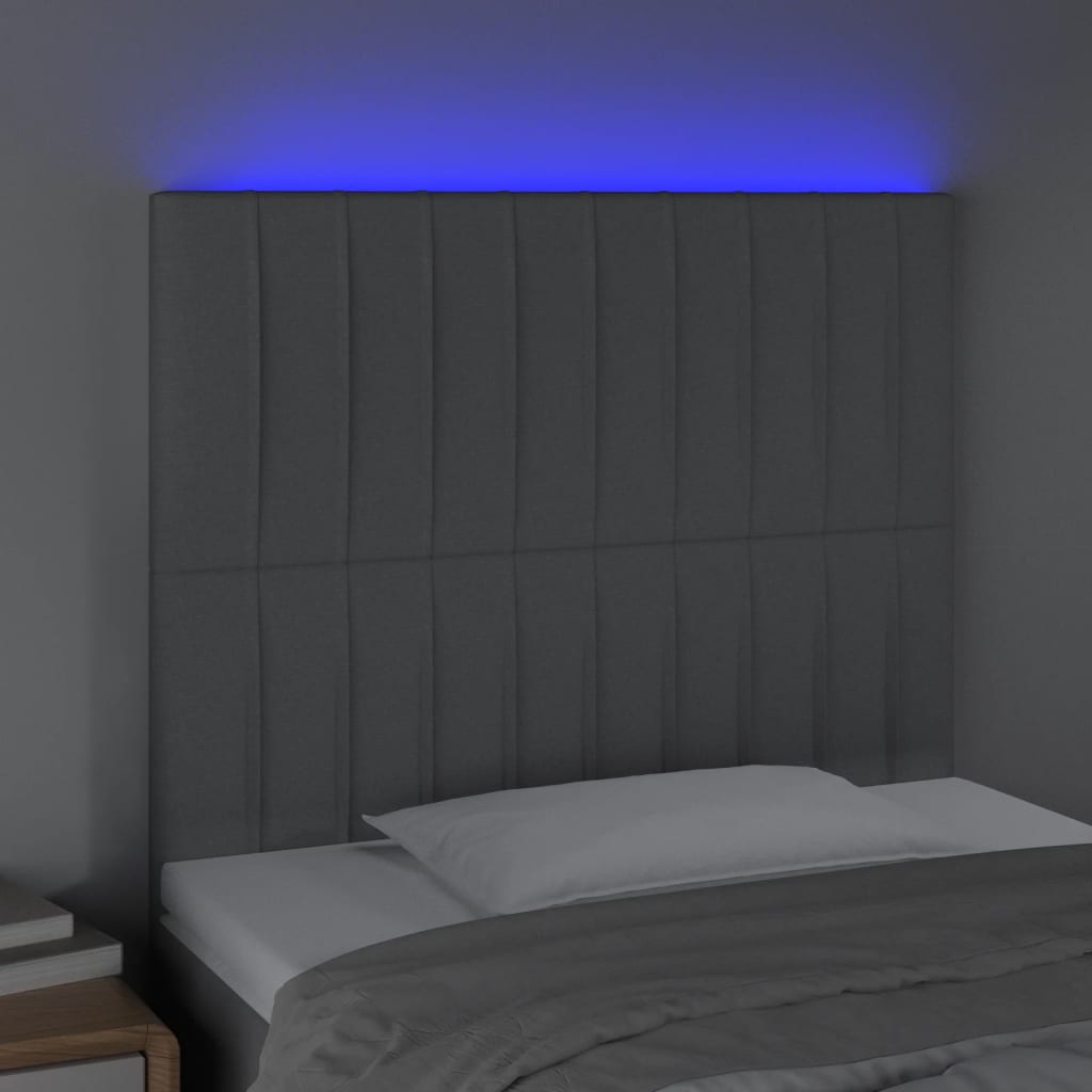 sengegavl med LED-lys 80x5x118/128 cm stof lysegrå