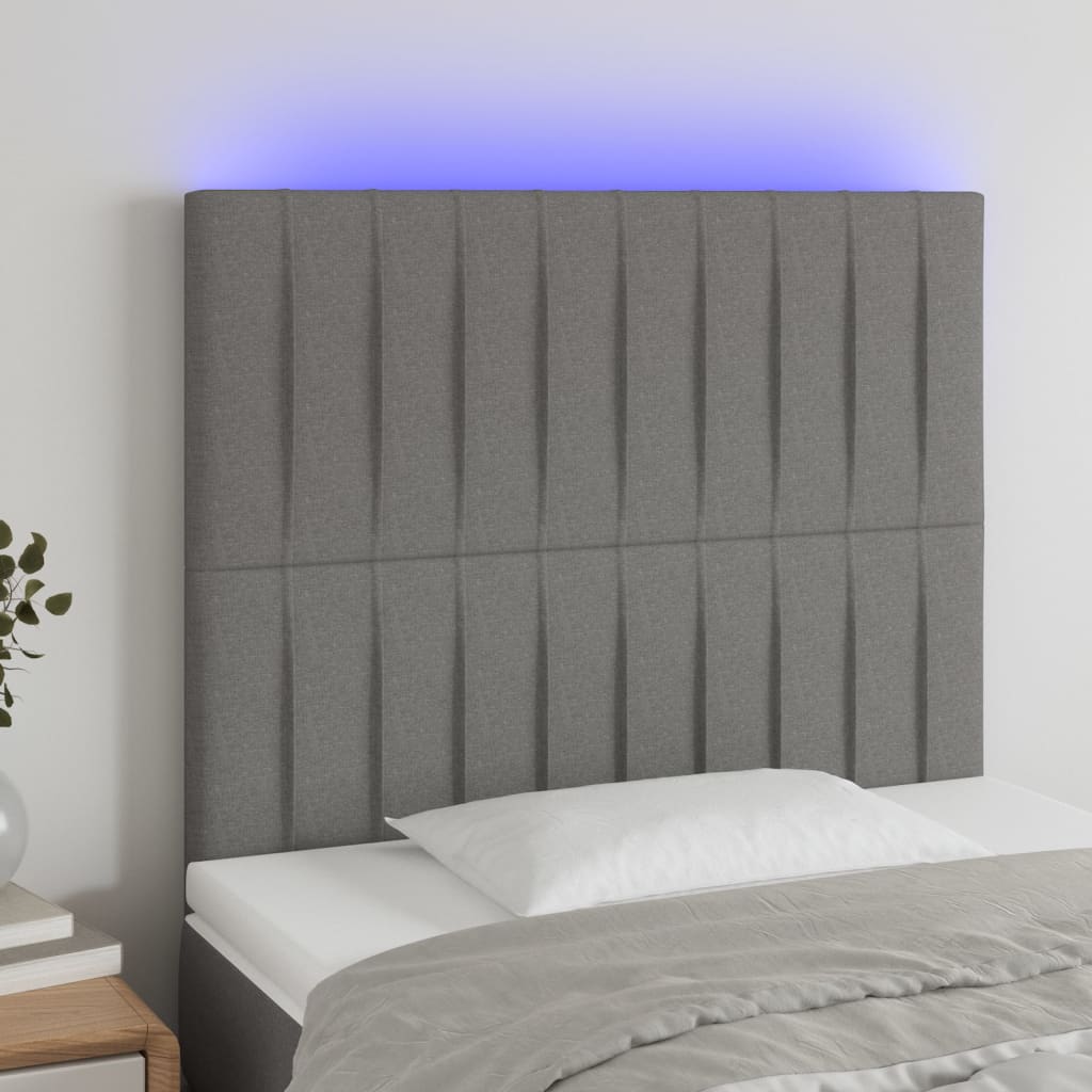 sengegavl med LED-lys 80x5x118/128 cm stof mørkegrå