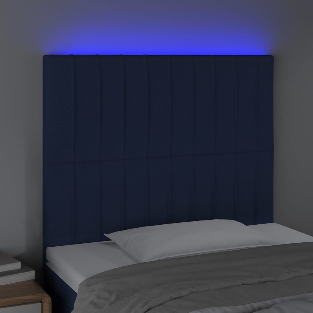 sengegavl med LED-lys 80x5x118/128 cm stof blå