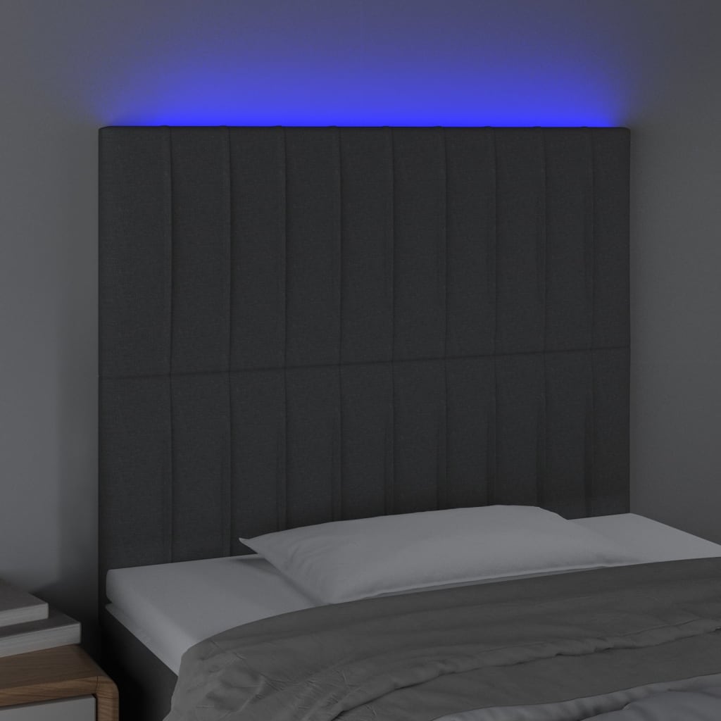 sengegavl med LED-lys 90x5x118/128 cm stof mørkegrå