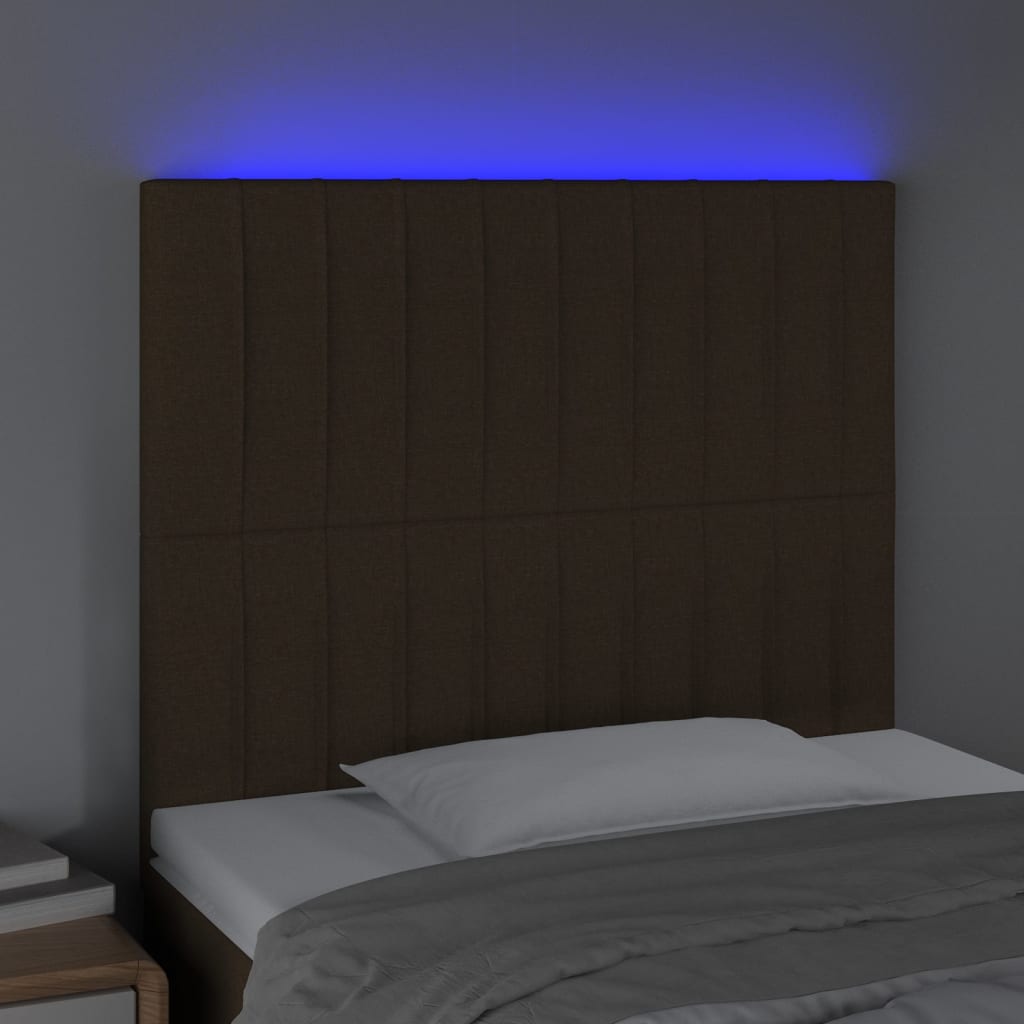 sengegavl med LED-lys 90x5x118/128 cm stof mørkebrun