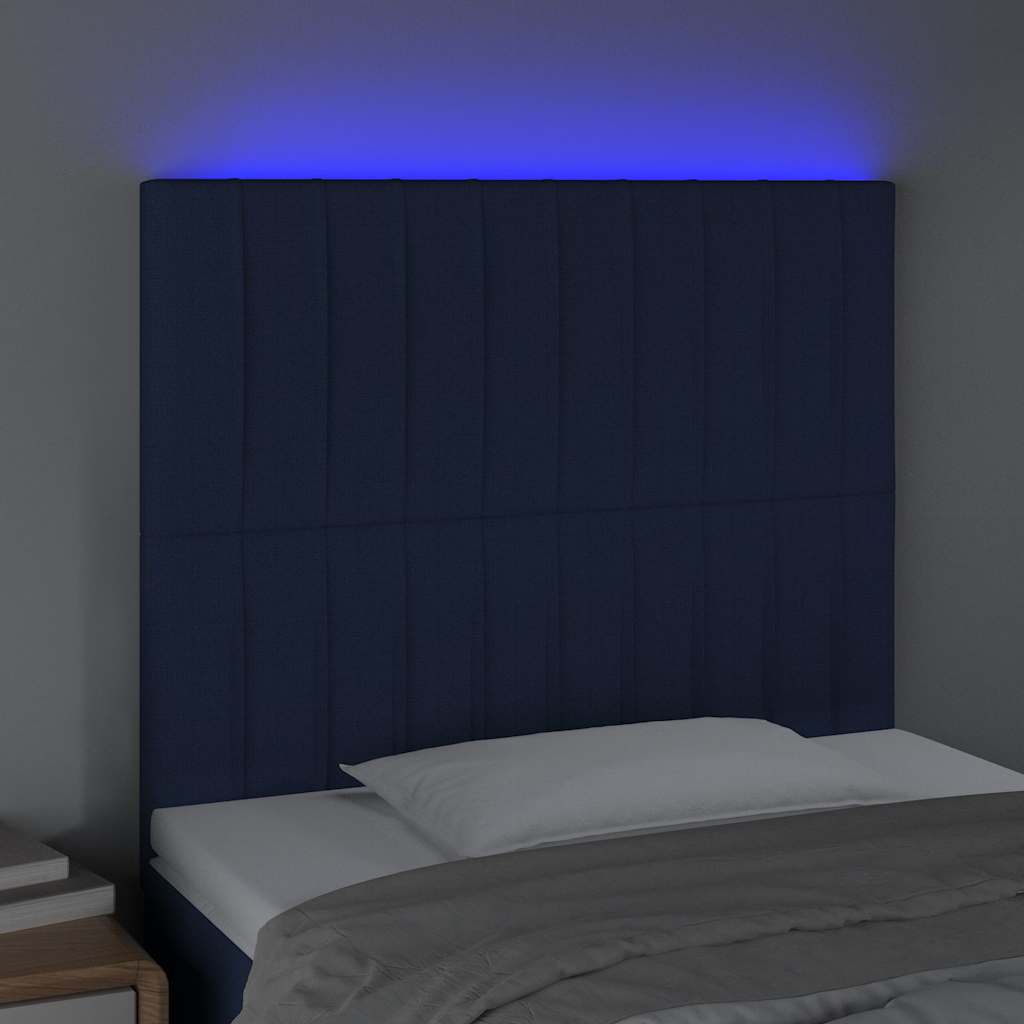 sengegavl med LED-lys 100x5x118/128 cm stof blå