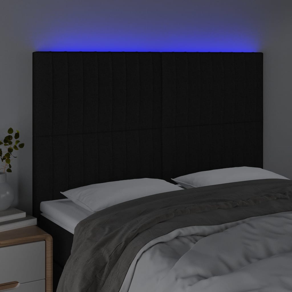 sengegavl med LED-lys 144x5x118/128 cm stof sort
