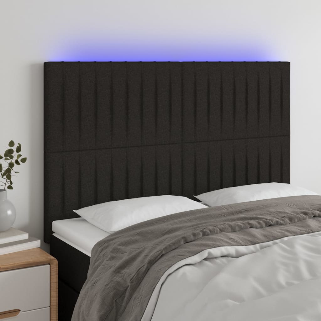sengegavl med LED-lys 144x5x118/128 cm stof sort