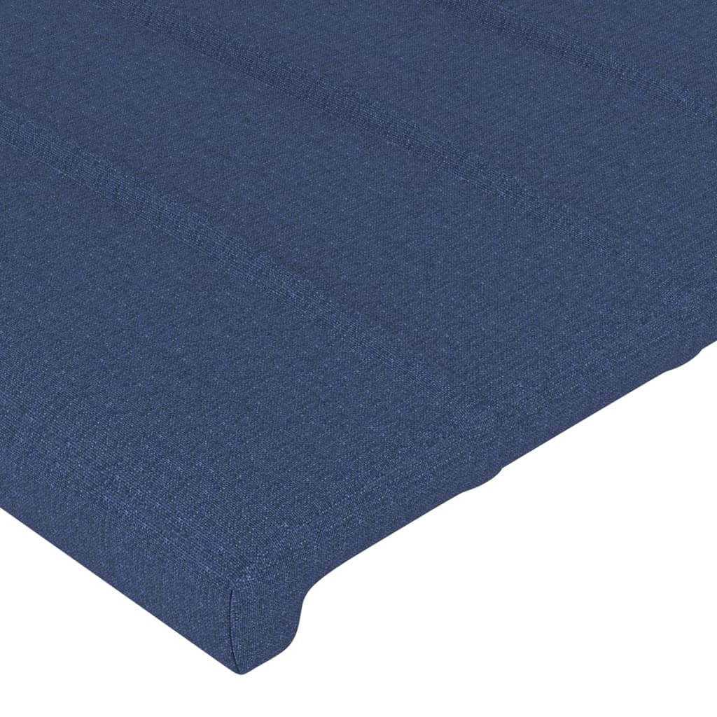 sengegavl med LED-lys 144x5x118/128 cm stof blå