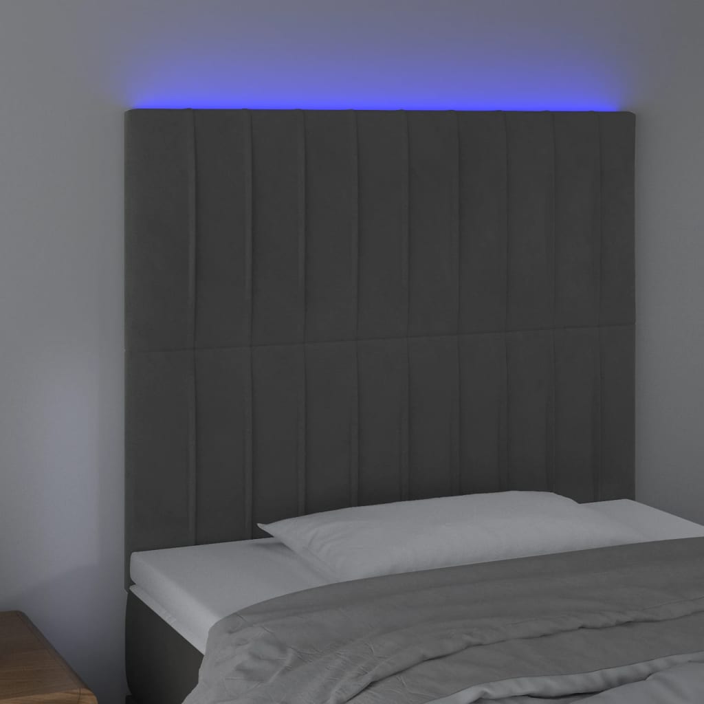 sengegavl med LED-lys 80x5x118/128 cm fløjl mørkegrå