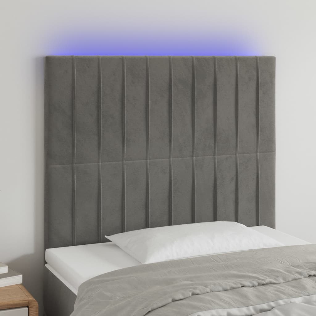 sengegavl med LED-lys 100x5x118/128 cm fløjl lysegrå